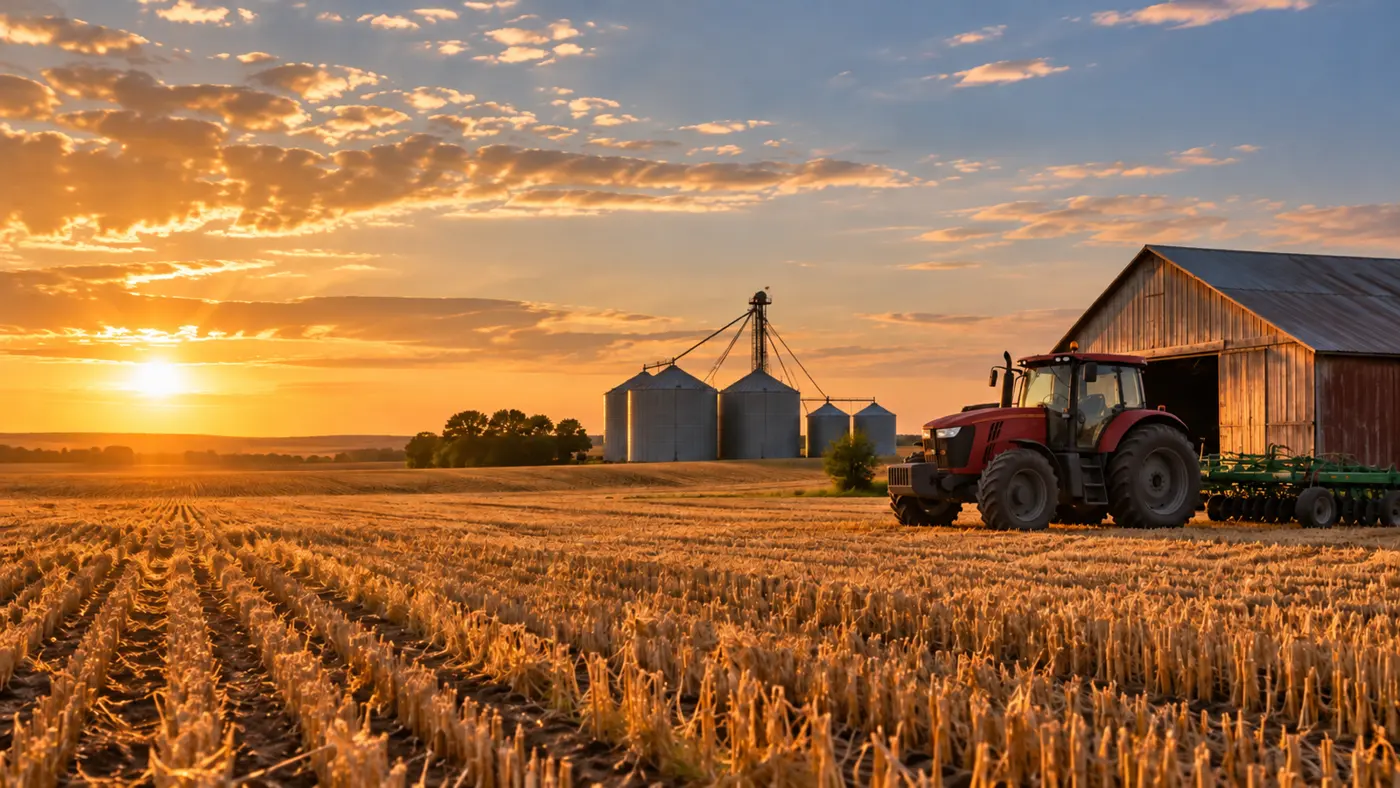 Tractor in a wheat field at sunset
